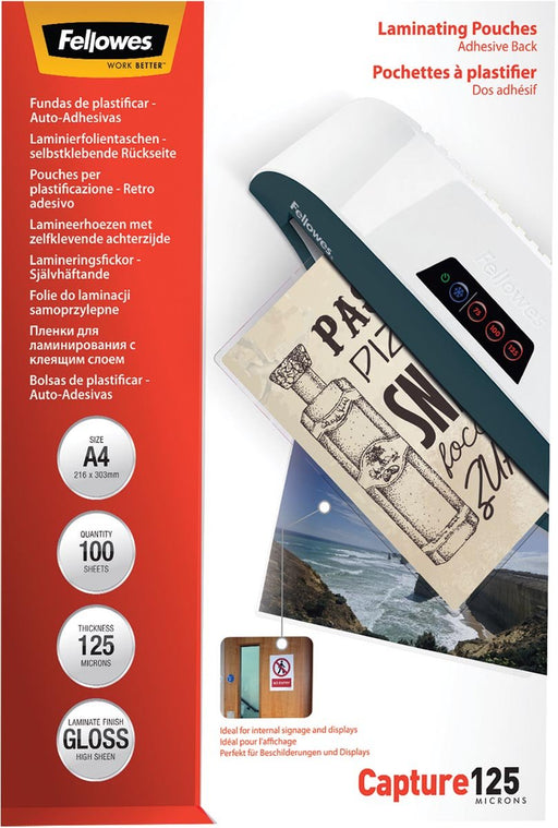 Fellowes Lamineerhoezen Capture125 ft A4, 250 micron (2 x 125 micron), pak van 100 stuks, zelfklevend - OfficeTown