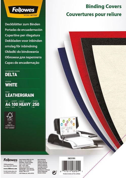 Fellowes omslag A4 formaat, 250 micron, 100 stuks per pak, wit - OfficeTown