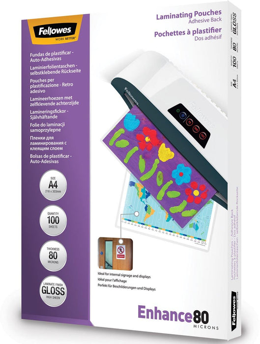 Fellowes zelfklevende lamineerhoezen Enhance80 A4, 160 micron (2 x 80 micron), 100 stuks - OfficeTown