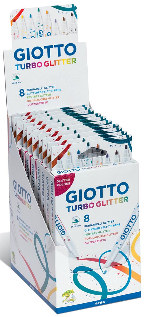 Giotto Turbo Glitter viltstiften, kartonnen etui met 8 stuks in geassorteerde kleuren 20 stuks, OfficeTown