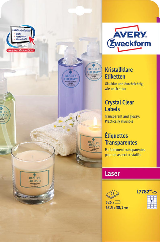 Avery transparante Crystal Clear etiketten ft 63,5 x 38,1 mm, 525 etiketten, 21 per vel 5 stuks, OfficeTown