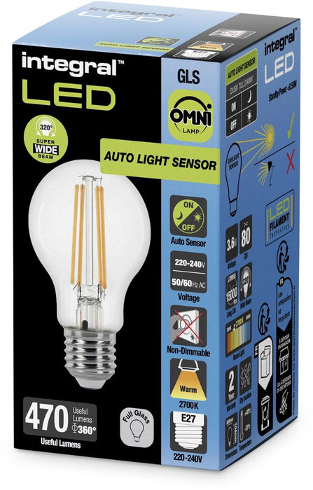 Integral LED lamp E27, dag/nacht auto sensor, 2.700 K, 4,8 W, 470 lumen - OfficeTown