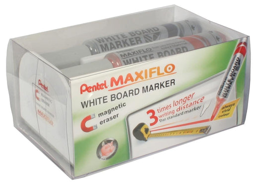 Maxiflo whiteboardmarker set met 4 stuks: blauw, rood, groen en zwart + magnetische bordwisser - OfficeTown