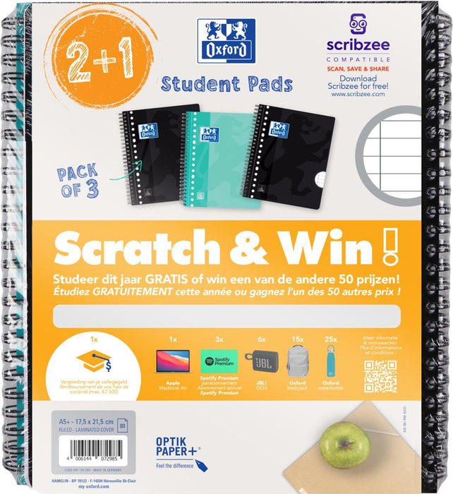 Oxford School collegeblok, ft A5+, gelijnd, 17 - gaats, 80 vel, assorti, 2+1 gratis, Scratch & Win - OfficeTown