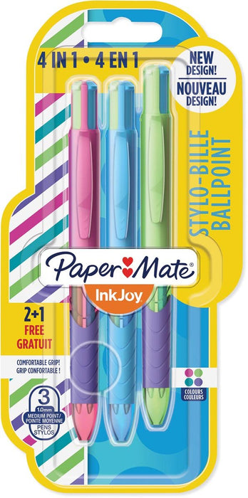 Paper Mate 4 - kleuren balpen Inkjoy Quatro Joie De Vivre, blister 2 + 1 gratis - OfficeTown