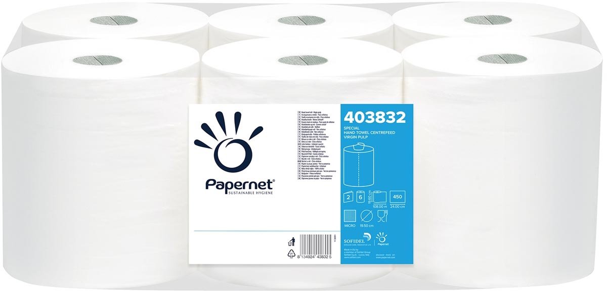 Papernet papieren handdoeken Maxi Centerfeed, 2 - laags, 108 m, 450 vel, pak van 6 rollen - OfficeTown