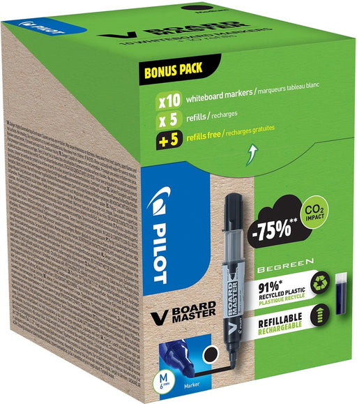 Pilot BeGreen whiteboardmarker V - Board Master M, zwart, 10 stuks + 10 navullingen - OfficeTown