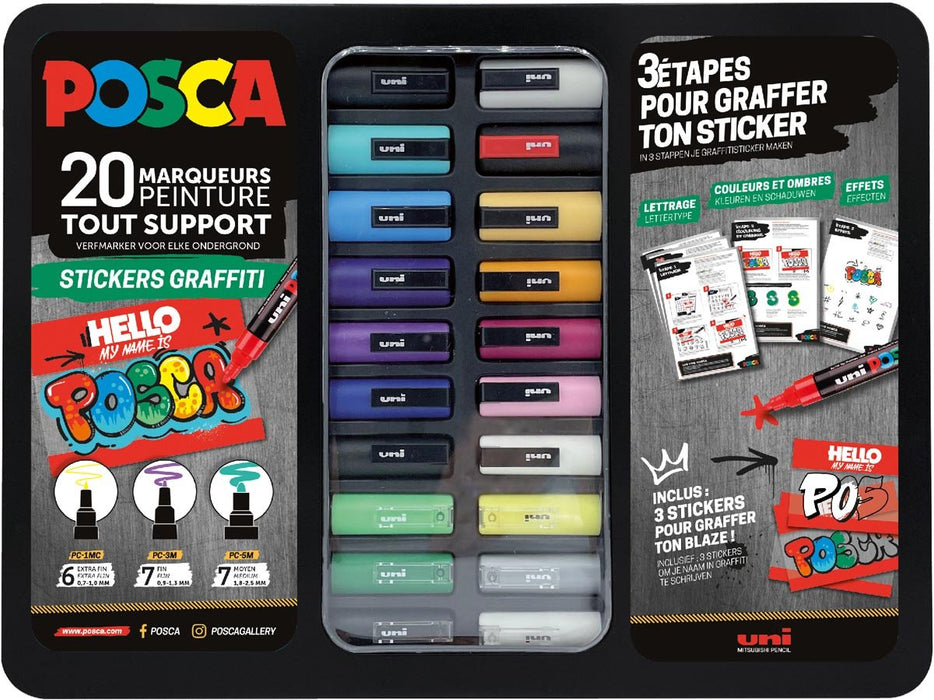 Posca verfmarkeringen, metalen doos met 20 stuks, assorti, ontwerp Stickers Graffiti - OfficeTown