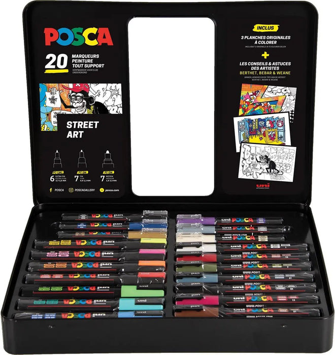 Posca verfmarkers, metalen doos met 20 stuks, in assorti kleuren, Street art ontwerp - OfficeTown