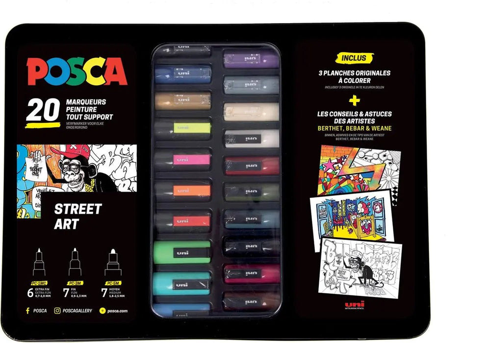 Posca verfmarkers, metalen doos met 20 stuks, in assorti kleuren, Street art ontwerp - OfficeTown