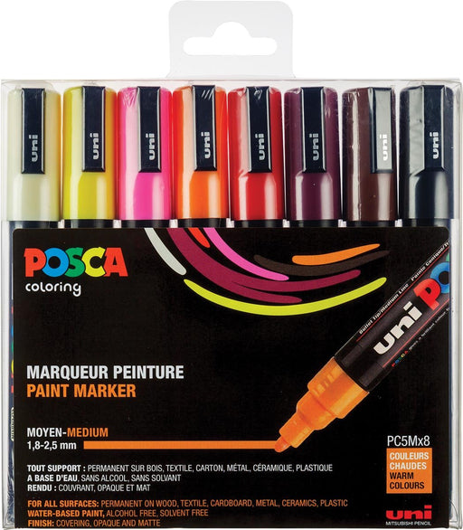 Posca verfstift PC - 5M, set van 8 markers in diverse warme kleuren - OfficeTown