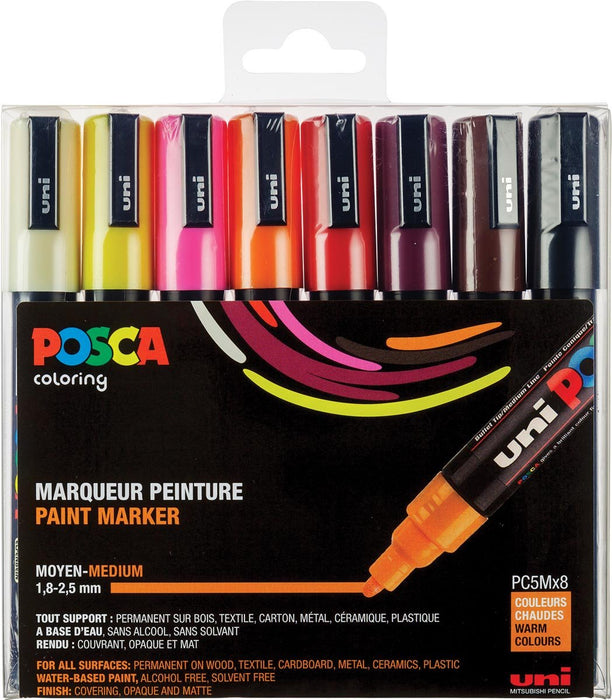 Posca verfstift PC - 5M, set van 8 markers in diverse warme kleuren - OfficeTown