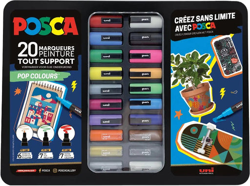 Posca verfstiften, metalen doos van 20 stuks, assorti, ontwerp Popkleuren - OfficeTown