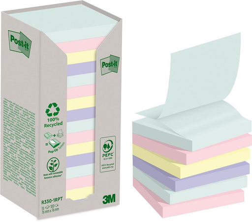 Post - it gerecyclede Z - notes, 100 vellen, ft 76 x 76 mm, assorti, pak van 16 blokken - OfficeTown