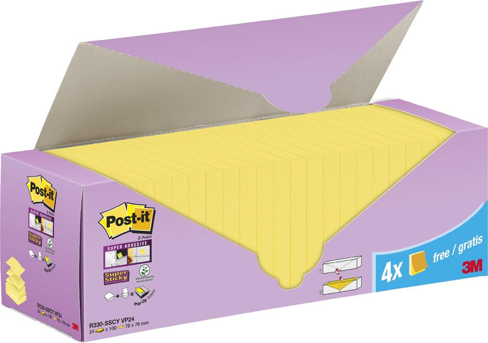 Post - it Super Sticky Z - notes, 90 vel, ft 76 x 76 mm, doos van 20 + 4 gratis, geel - OfficeTown