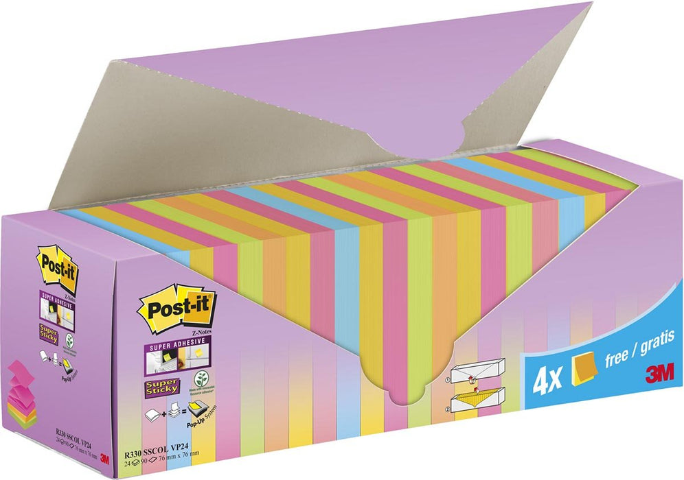 Post - it Super Sticky Z - Notes assorti, 90 vel, ft 76 x 76 mm, 20 + 4 GRATIS - OfficeTown