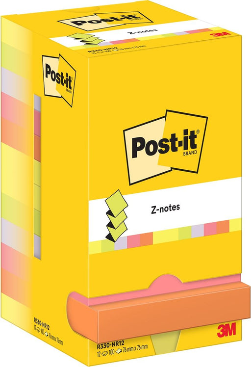Post - it Z - notes, 100 vel, ft 76 x 76 mm, pak van 12 blokken, assorti neonkleuren - OfficeTown