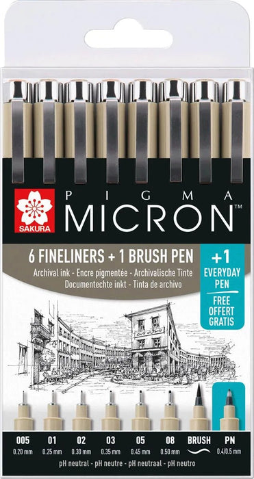 Sakura tekenstift Pigma Micron set van 7+1, zwart - OfficeTown