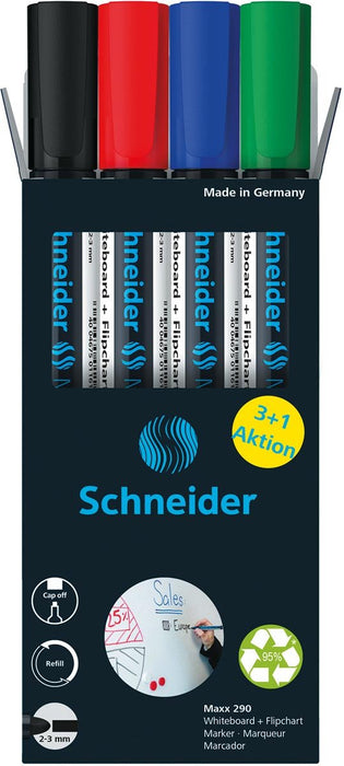 Schneider Maxx 290 whiteboardmarker, 3 + 1 gratis, assorti - OfficeTown