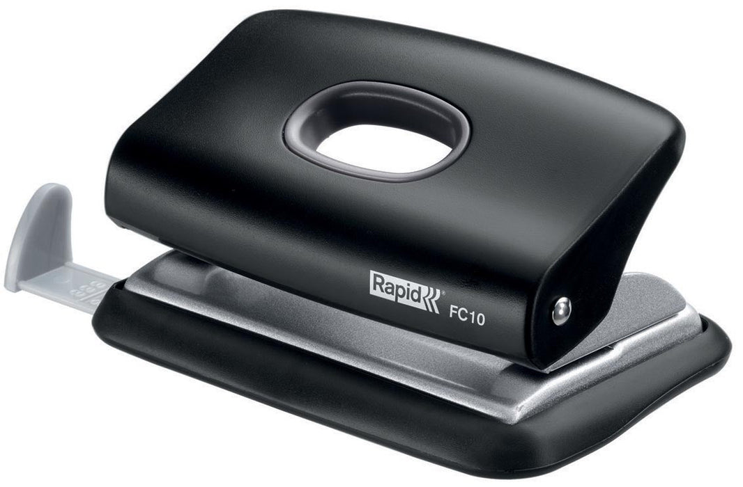 Snelle mini - perforator FC10, 2 - gaats, 10 vel, zwart met aanleglat - OfficeTown