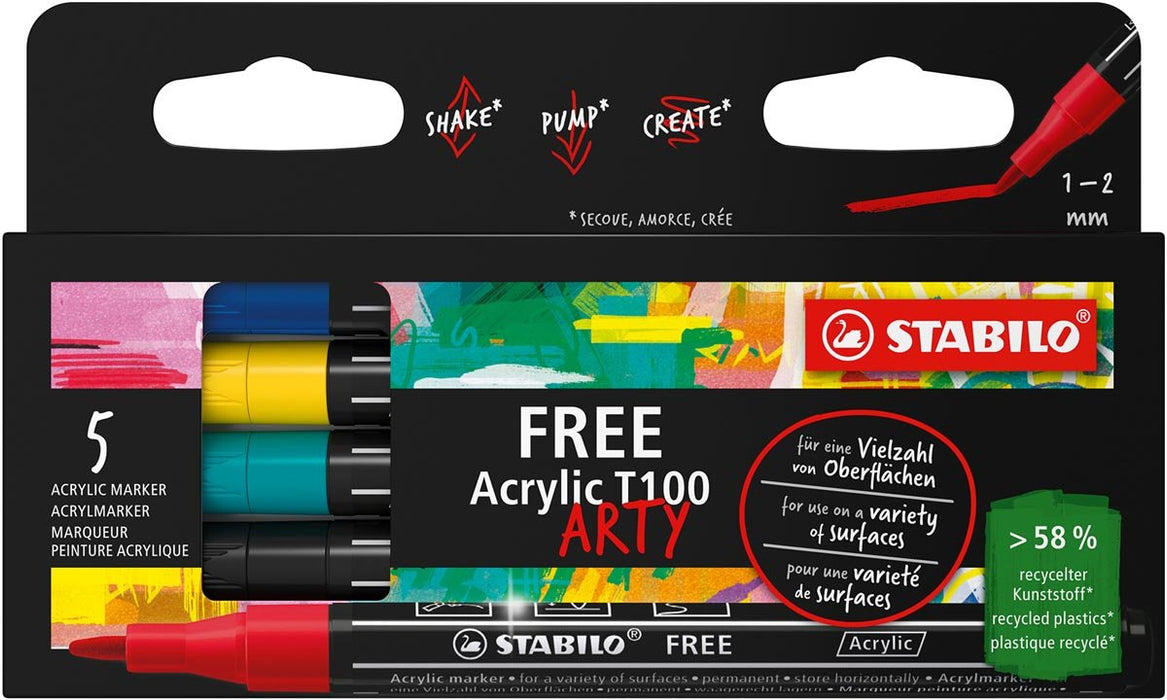 STABILO free acrylmarker T300 Urban, ronde punt, 2 - 3 mm, geassorteerde kleuren, pak van 5 stuks - OfficeTown