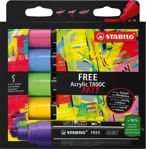 STABILO free acrylmarker T800 Seaside, schuine punt, 4 - 10 mm, geassorteerde kleuren, pak van 5 stuks - OfficeTown