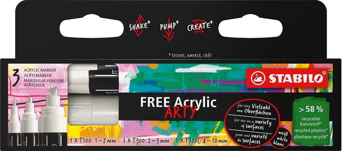 STABILO free acrylmarker, verschillende formaten, wit, pak van 3 stuks - OfficeTown