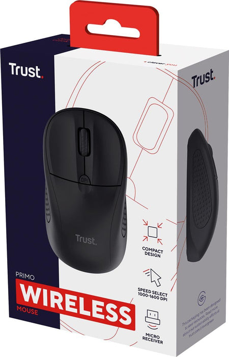 Trust Primo draadloze muis, mat zwart met opbergbare micro - USB - ontvanger, voor zowel rechts - als linkshandigen, 4 knoppen, aanpasbare gevoeligheid (1000 - 1600 dpi), draadloos bereik van 6 m, werkt op 2 AAA - batterijen (meegeleverd) matszwart - OfficeTown