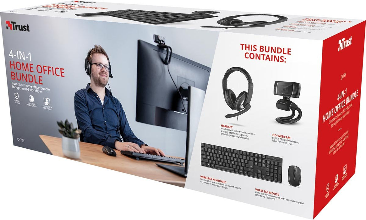 Trust Qoby 4 - in - 1 Thuis kantoorset met Webcam, headset, toetsenbord (azerty) en muis - OfficeTown