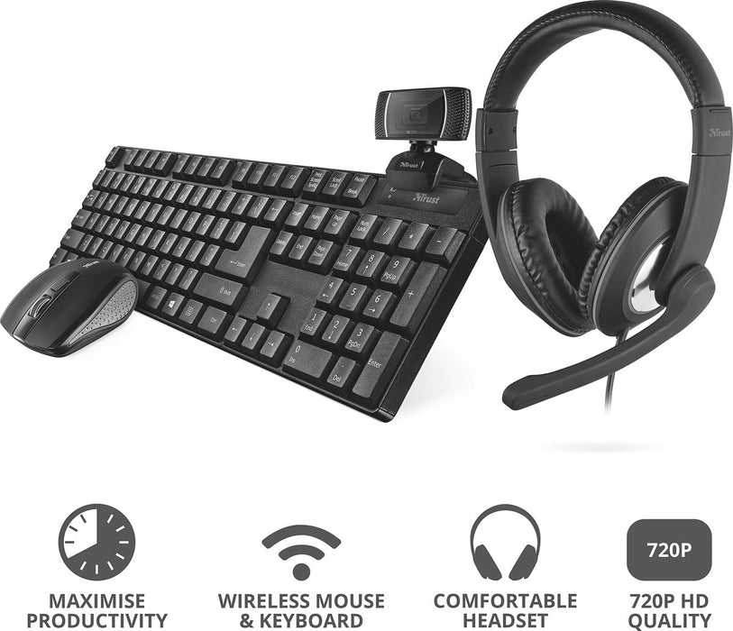 Trust Qoby 4 - in - 1 Thuis kantoorset met Webcam, headset, toetsenbord (azerty) en muis - OfficeTown