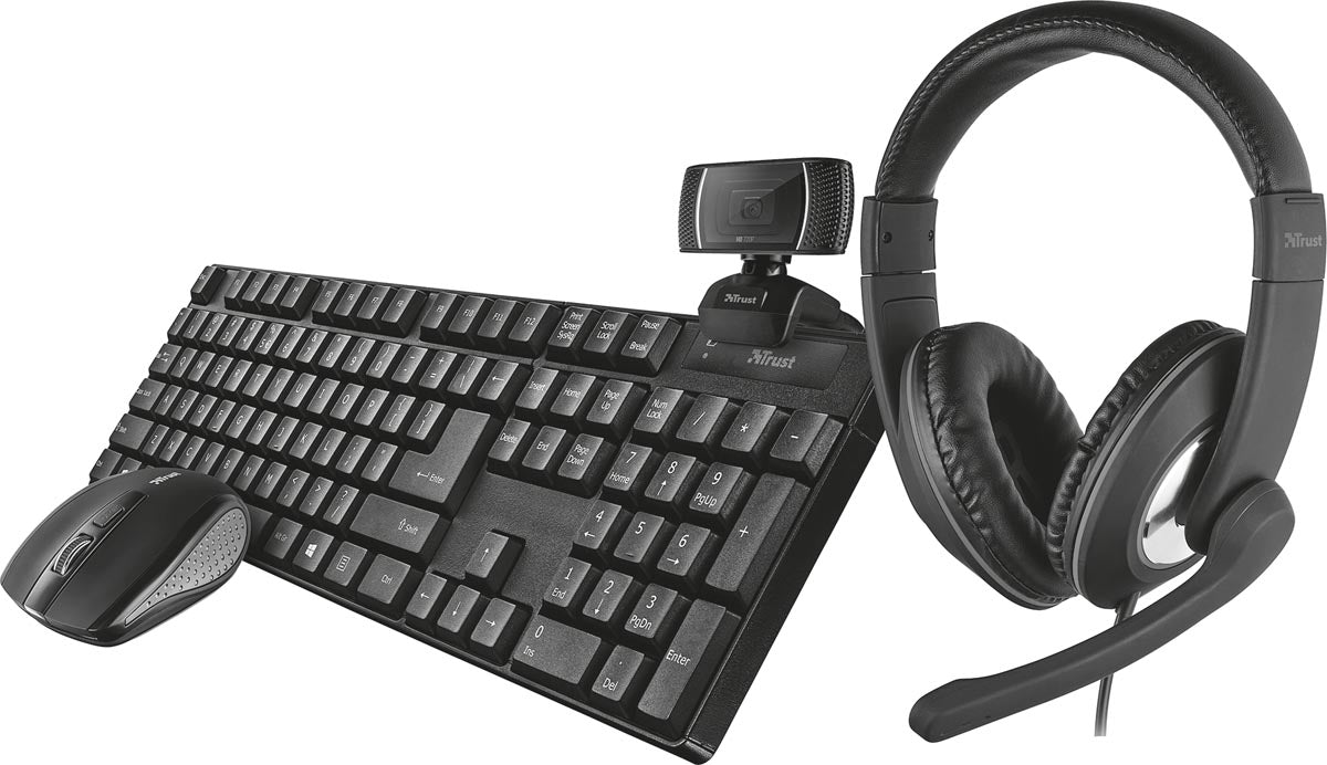 Trust Qoby 4 - in - 1 Thuis kantoorset met Webcam, headset, toetsenbord (azerty) en muis - OfficeTown