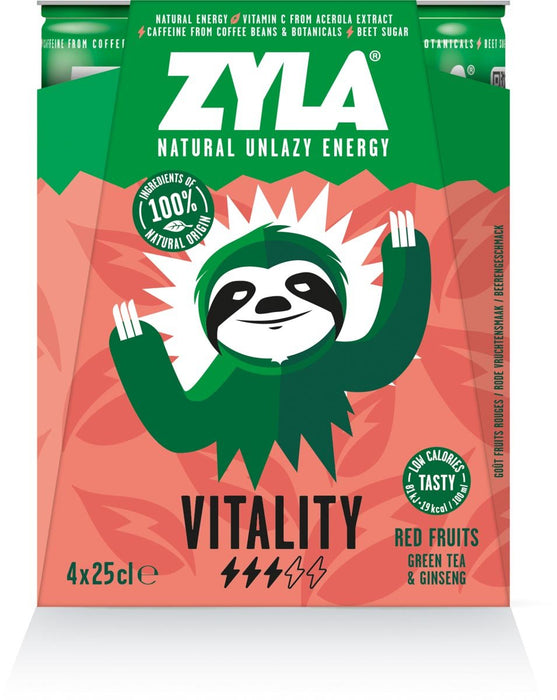 Zyla energiedrank Vitality, rode vruchten, blik van 25 cl, pak van 4 stuks - OfficeTown