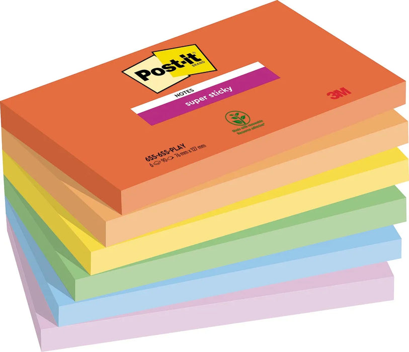 Post-it Super Sticky notities Speels, 90 vellen, afmeting 76 x 127 mm, assorti kleuren, verpakking van 6 blokken 12 stuks