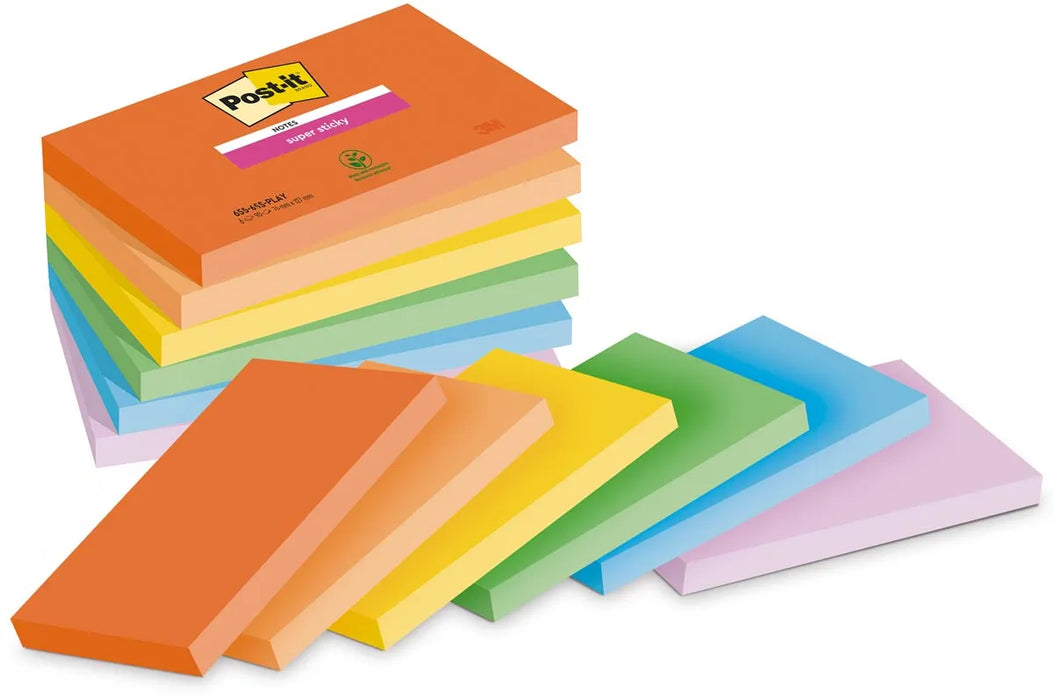 Post-it Super Sticky notities Speels, 90 vellen, afmeting 76 x 127 mm, assorti kleuren, verpakking van 6 blokken 12 stuks